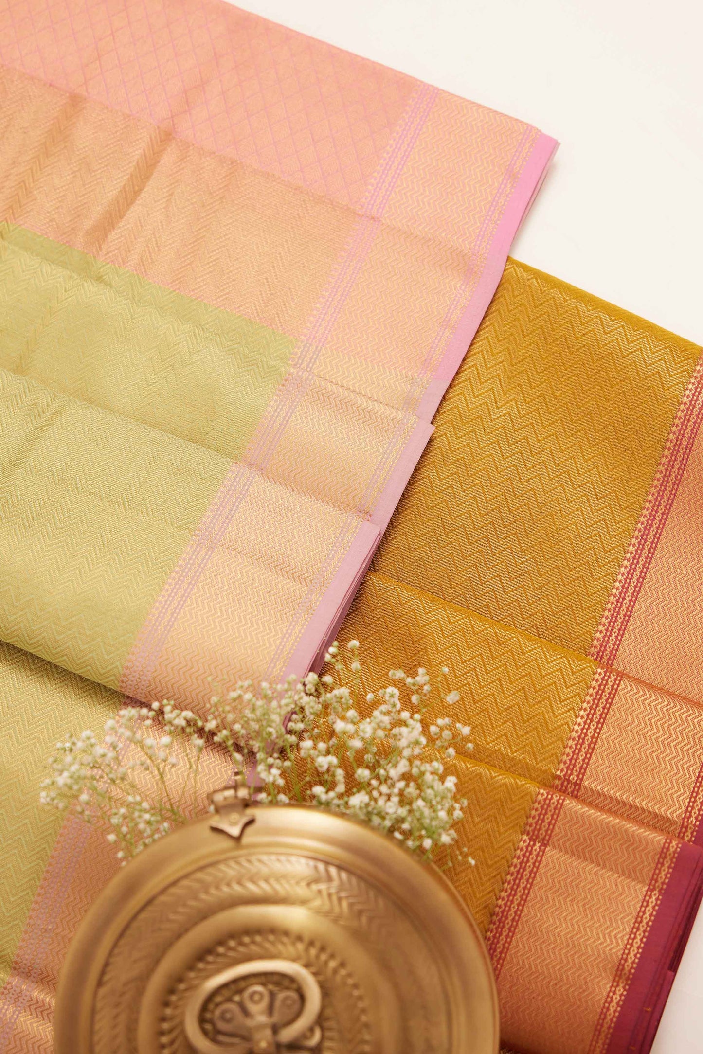 Green Maheshwari Tissue Silk Saree with Pink & Gold Zari Pallu