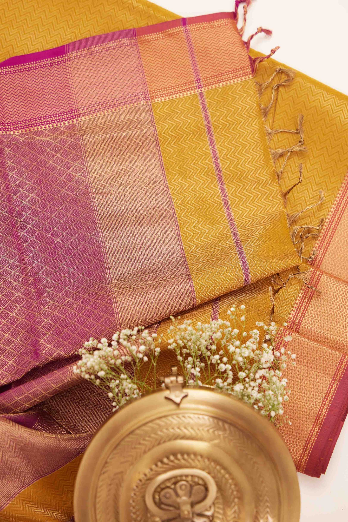 Gold Maheshwari Tissue Silk Saree with Purple & Gold Zari Pallu