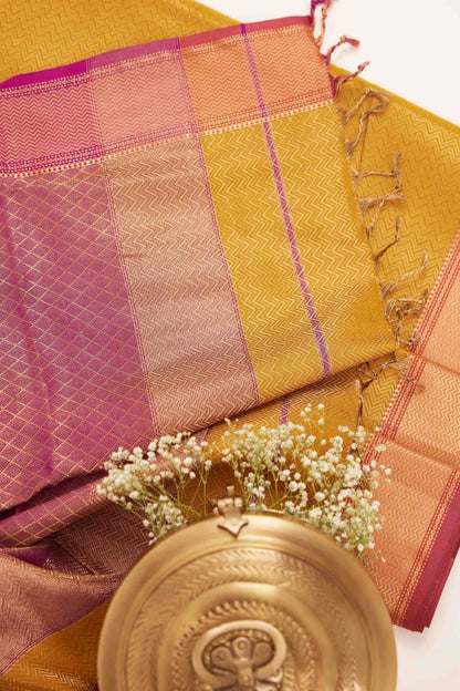 Gold Maheshwari Tissue Silk Saree with Purple & Gold Zari Pallu