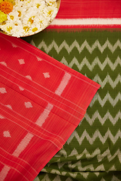 Olive & Red Pochampally Cotton Ikat Saree
