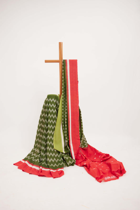 Olive & Red Pochampally Cotton Ikat Saree