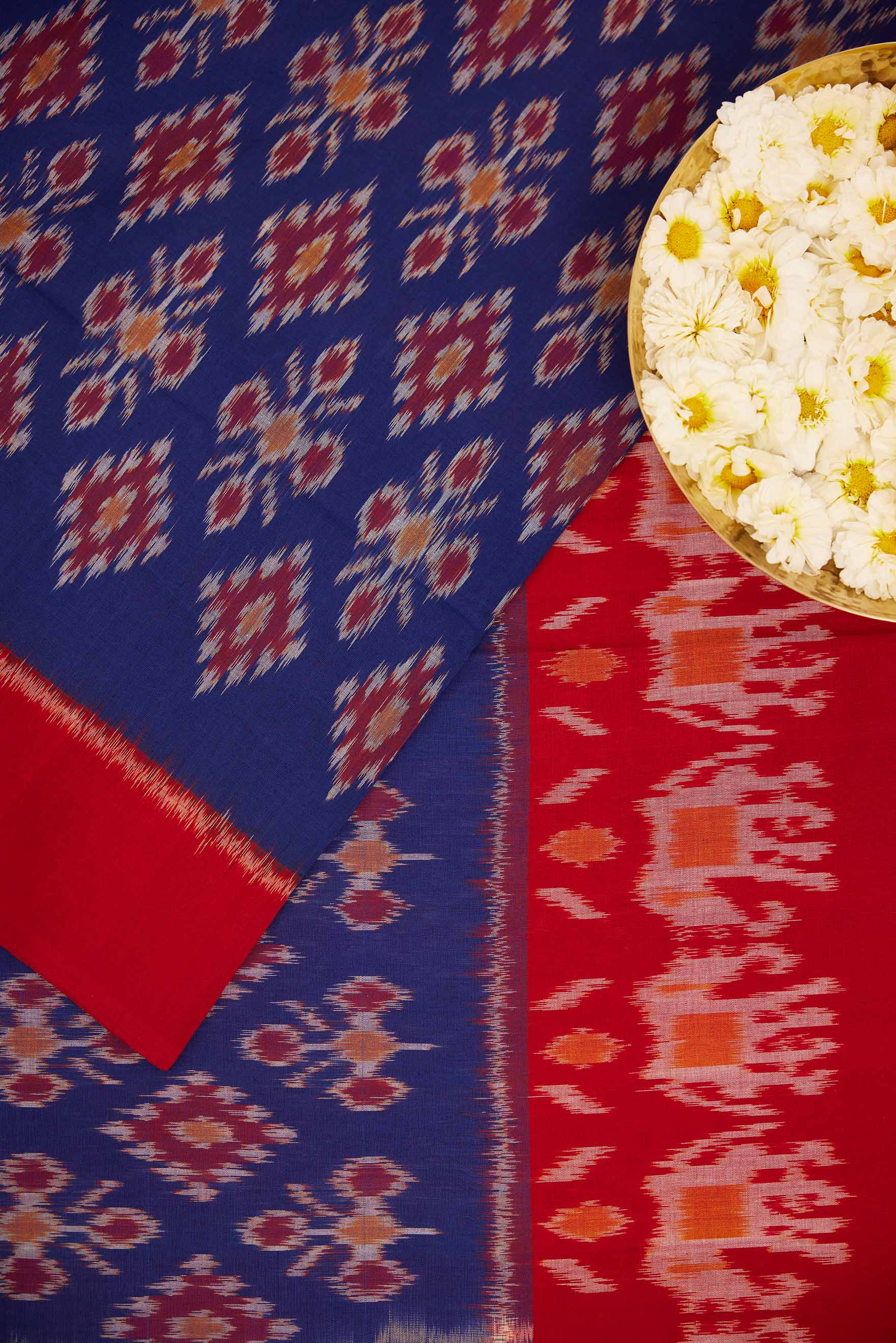 Blue & Red Elephant Motif Pochampally Cotton Ikat Saree