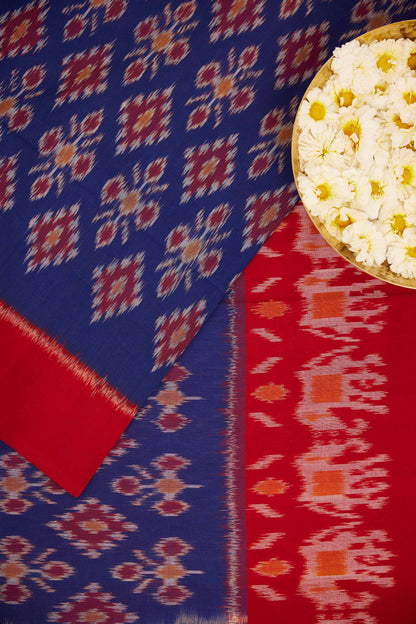 Blue & Red Elephant Motif Pochampally Cotton Ikat Saree