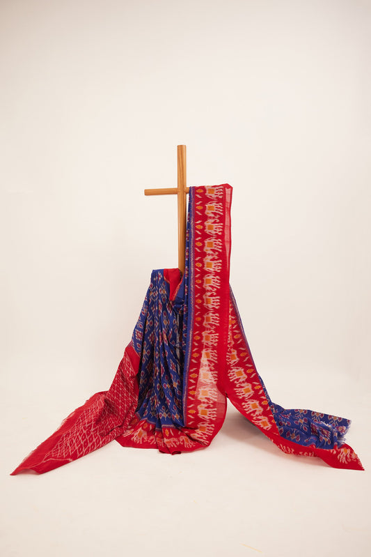 Blue & Red Elephant Motif Pochampally Cotton Ikat Saree