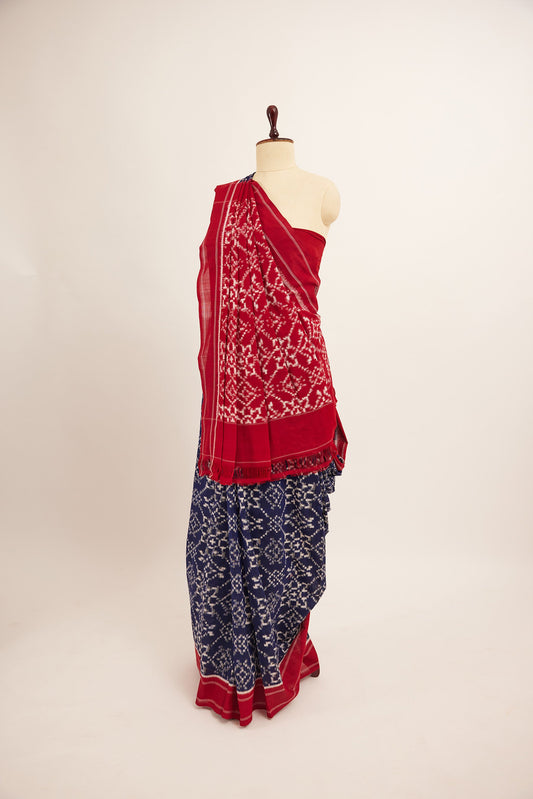 Telia Blue & White with Red Pallu Pochampally Cotton Saree