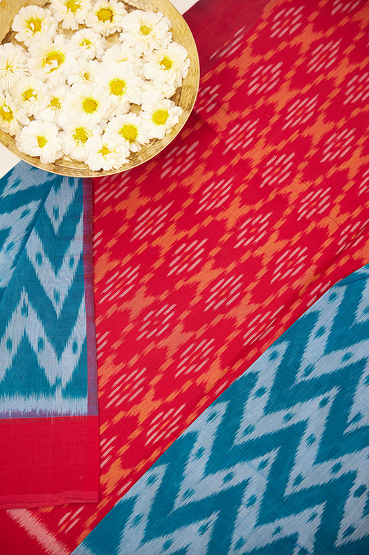 Blue & Red Zigzag Pochampally Cotton Ikat Saree