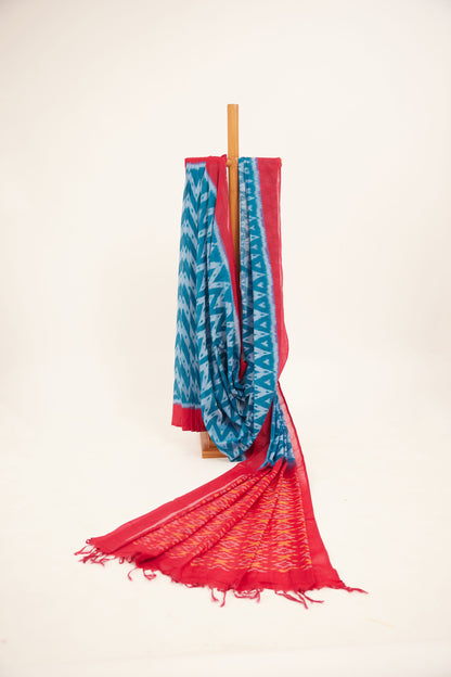 Blue & Red Zigzag Pochampally Cotton Ikat Saree