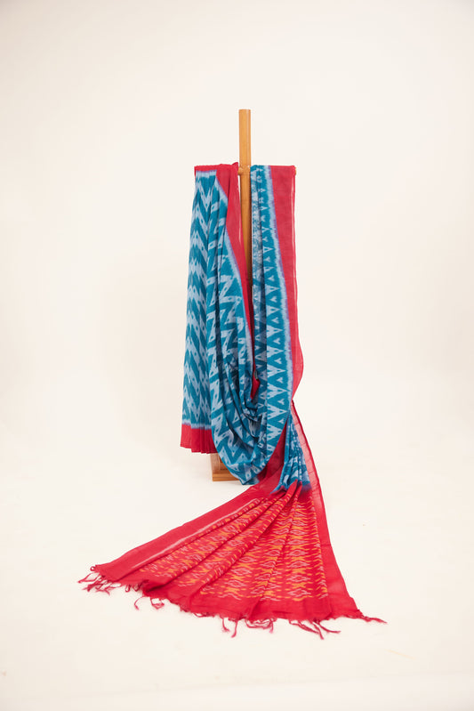 Blue & Red Zigzag Pochampally Cotton Ikat Saree