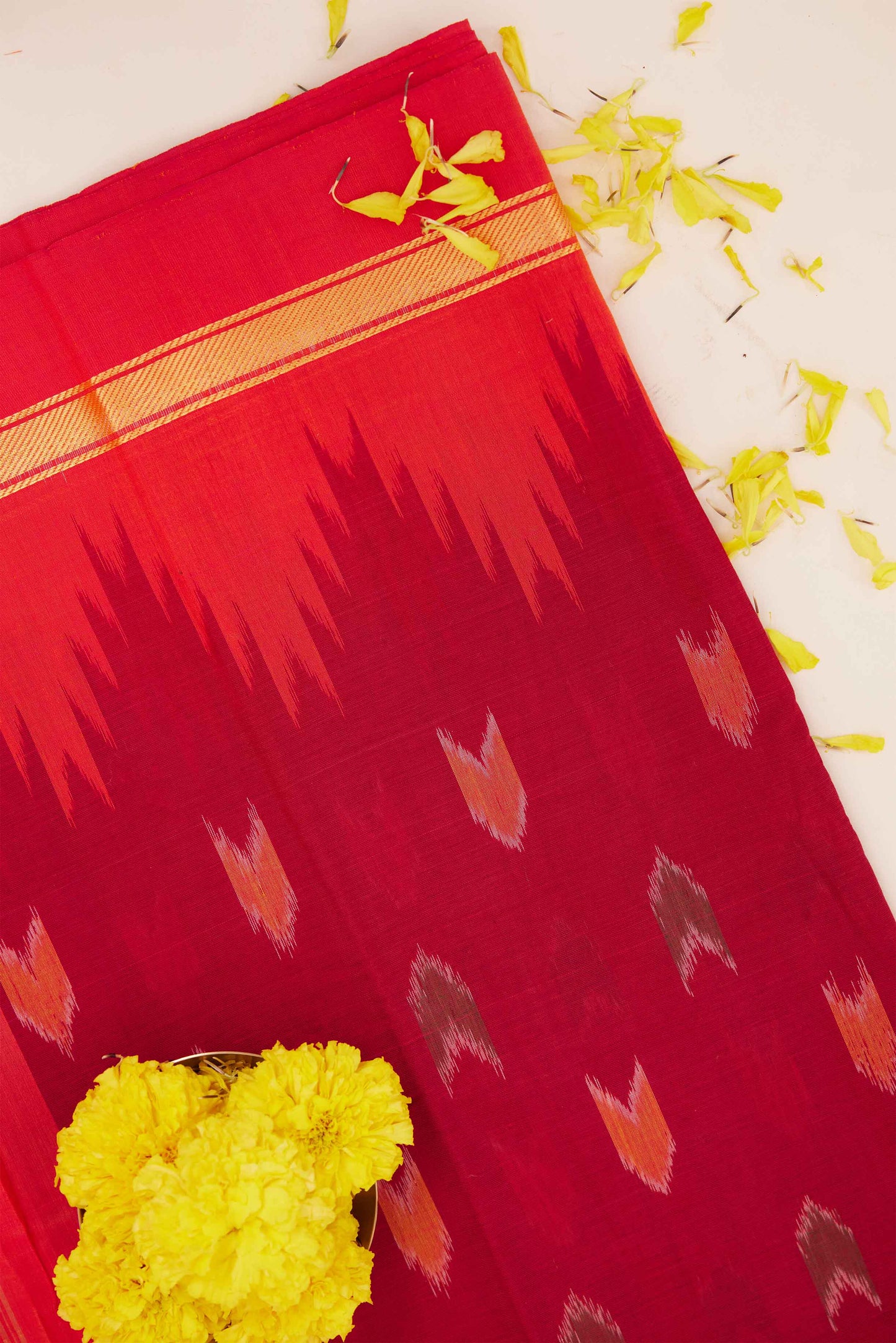 Red & Orange Geometric Pochampally Cotton Ikat Saree