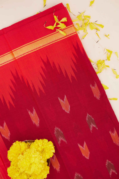 Red & Orange Geometric Pochampally Cotton Ikat Saree