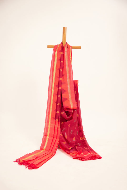 Red & Orange Geometric Pochampally Cotton Ikat Saree