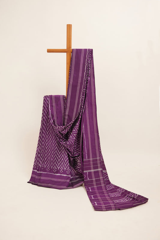 Plum Purple & White Ikat Pochampally Silk Saree