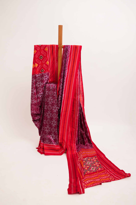 Maroon & Red Diamond Ikat Pochampally Silk Saree