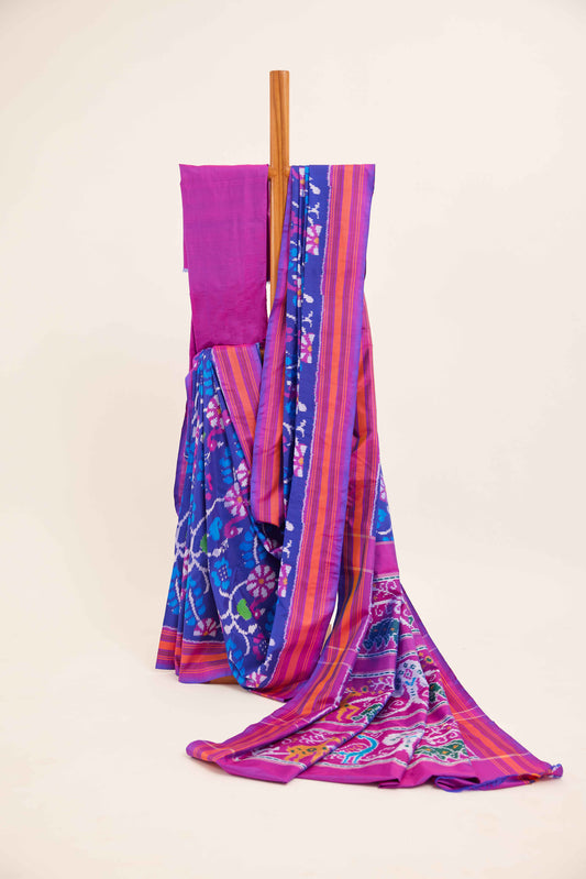 Royal Blue & Magenta Floral Ikat Pochampally Silk Saree