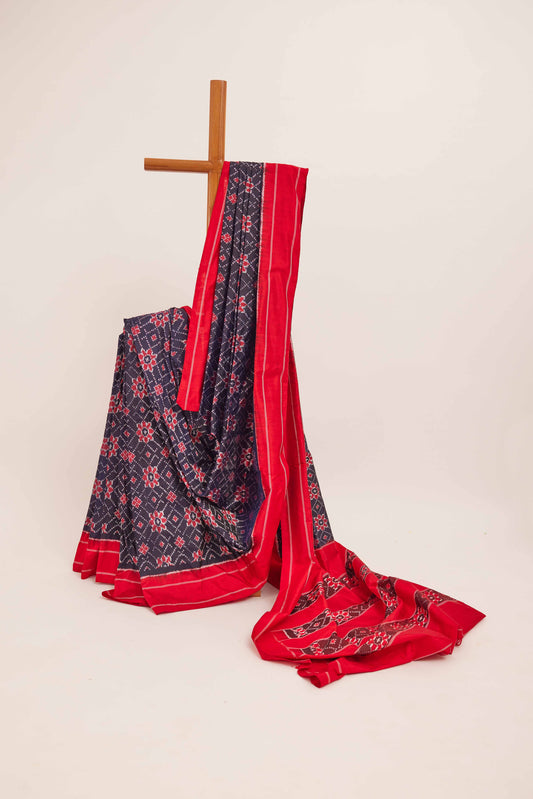 Navy Blue & Red Geometric Ikat Pochampally Silk Saree