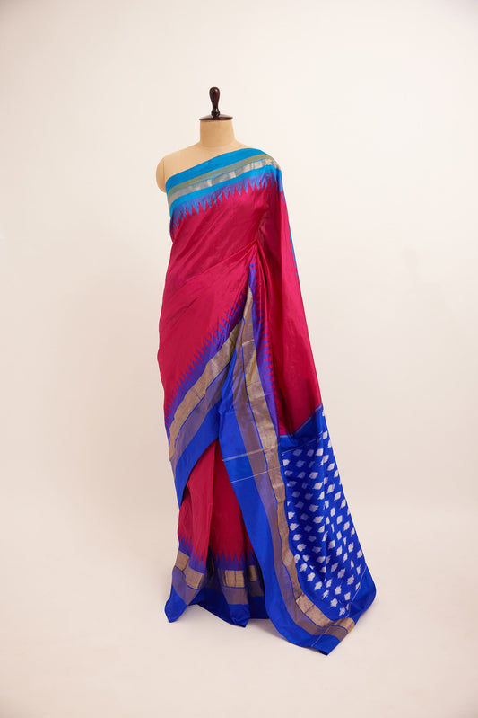 Pink & Blue Dual Border Ikat Pochampally Silk Saree