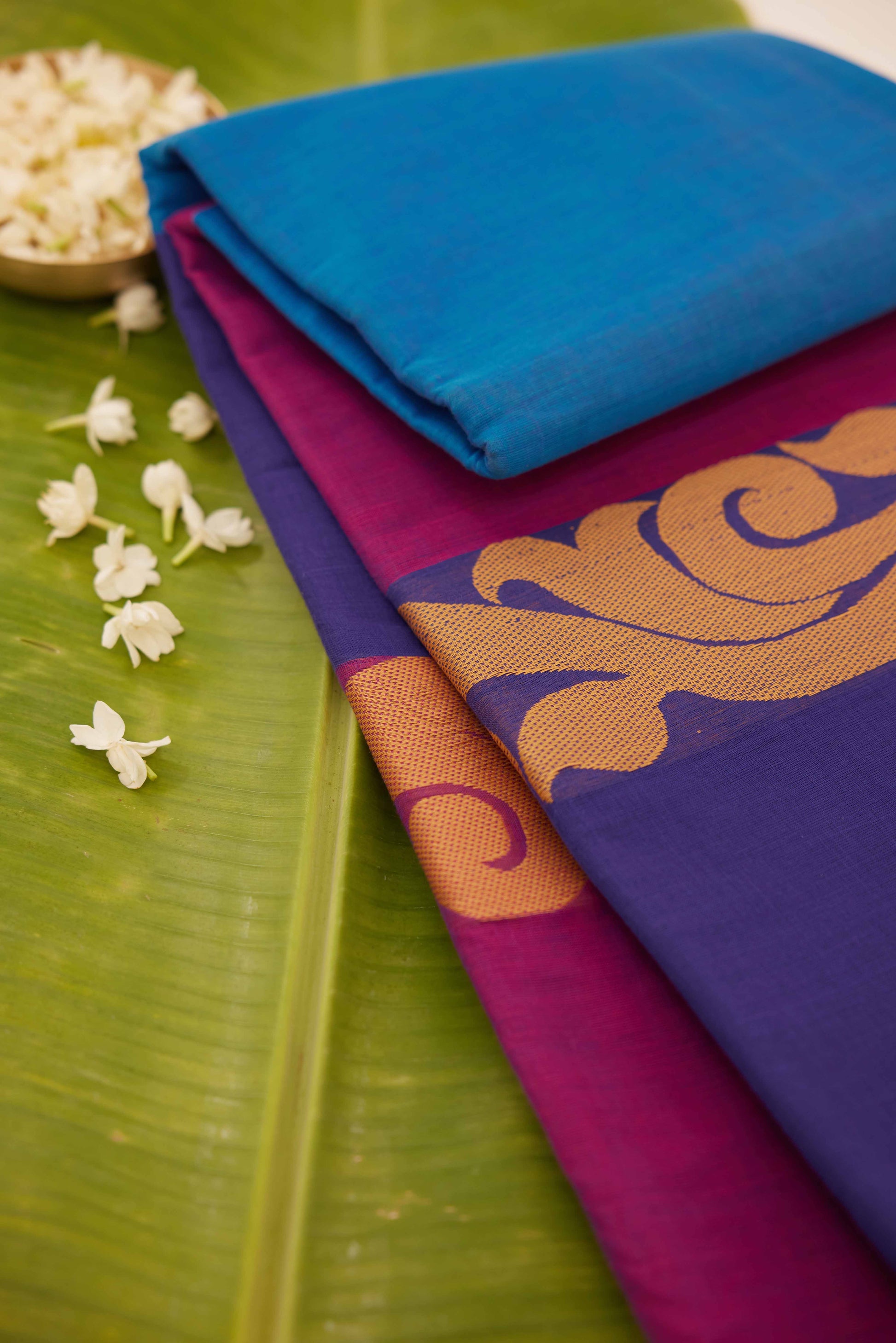 Blue Chettinad Cotton Saree with Pink & Purple Borders