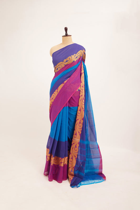 Blue Chettinad Cotton Saree with Pink & Purple Borders