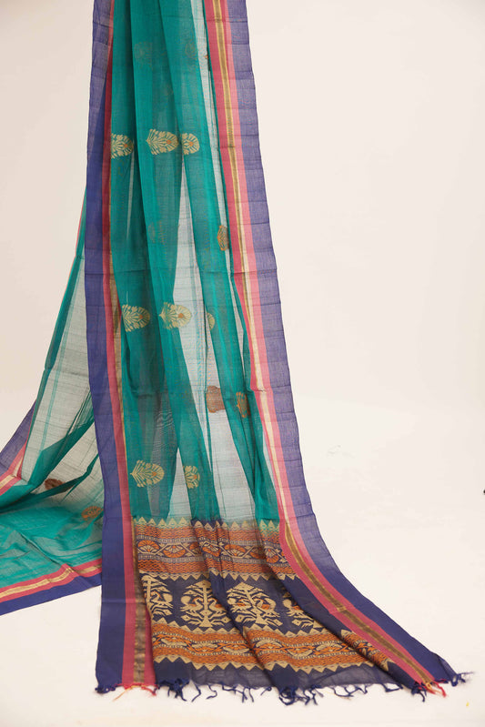 Green Negamam Cotton Saree with Blue Pallu & Geometric Motifs