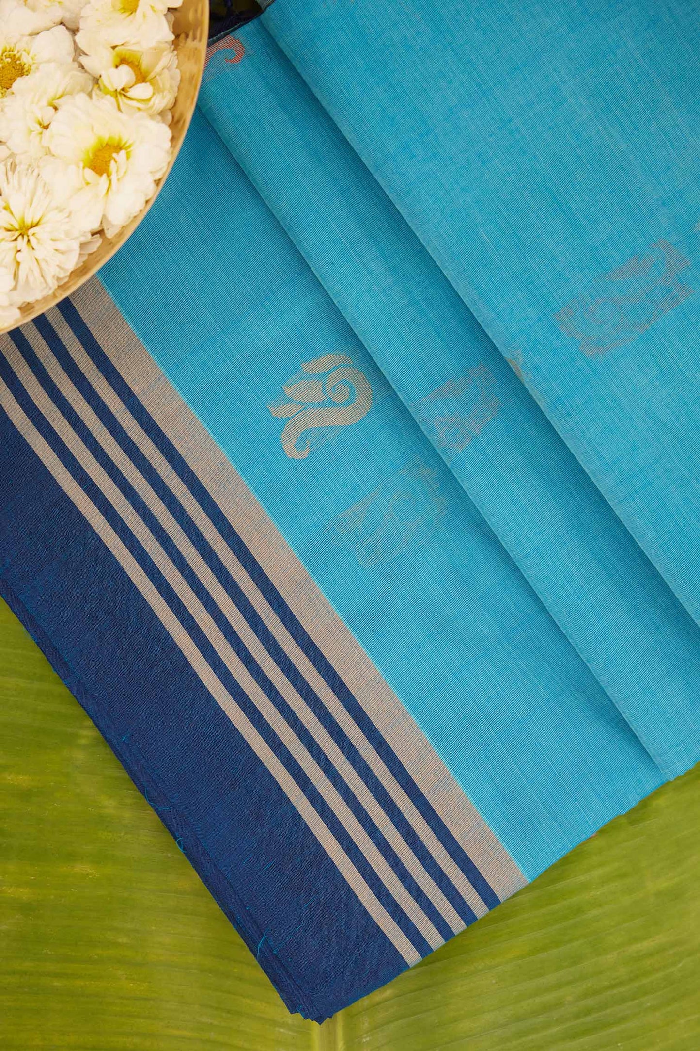 Light Blue Negamam Cotton Saree with Dark Blue Pallu & Geometric Motifs