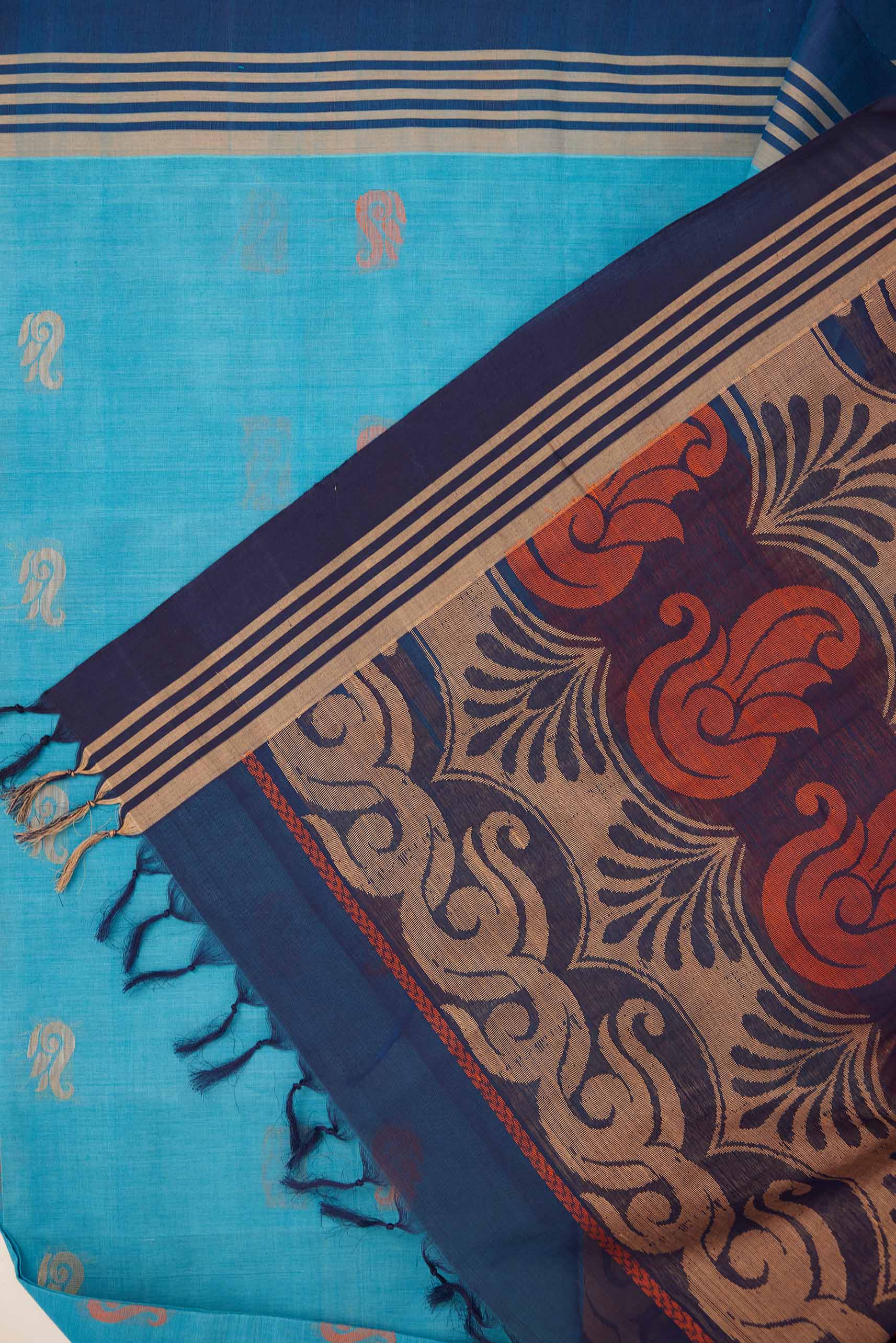 Light Blue Negamam Cotton Saree with Dark Blue Pallu & Geometric Motifs