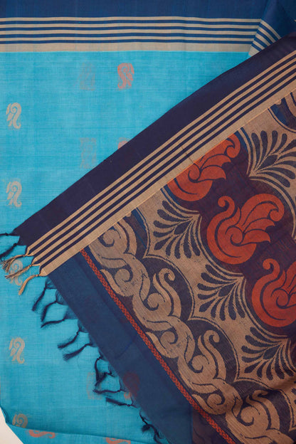Light Blue Negamam Cotton Saree with Dark Blue Pallu & Geometric Motifs