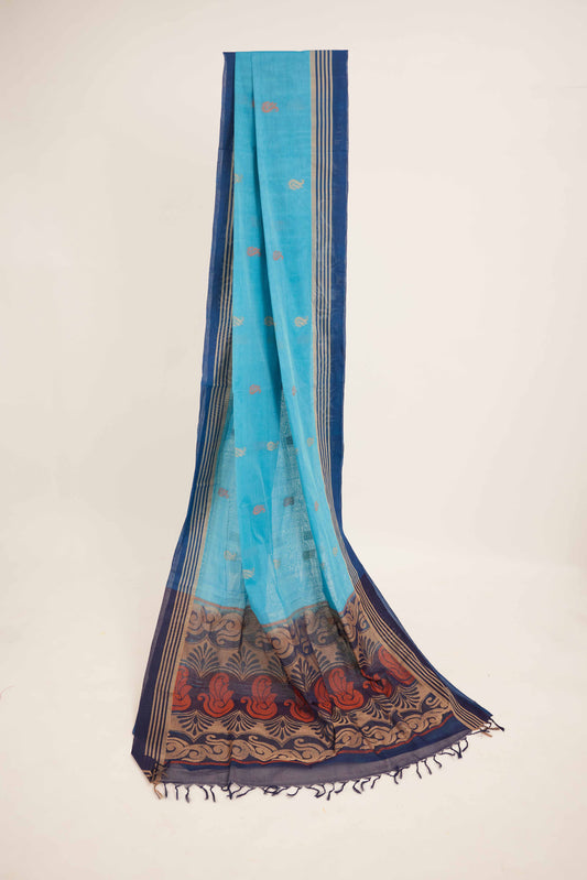 Light Blue Negamam Cotton Saree with Dark Blue Pallu & Geometric Motifs