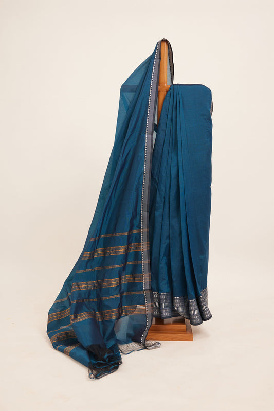 Blue Chettinad Cotton Silk Saree with Zari Border
