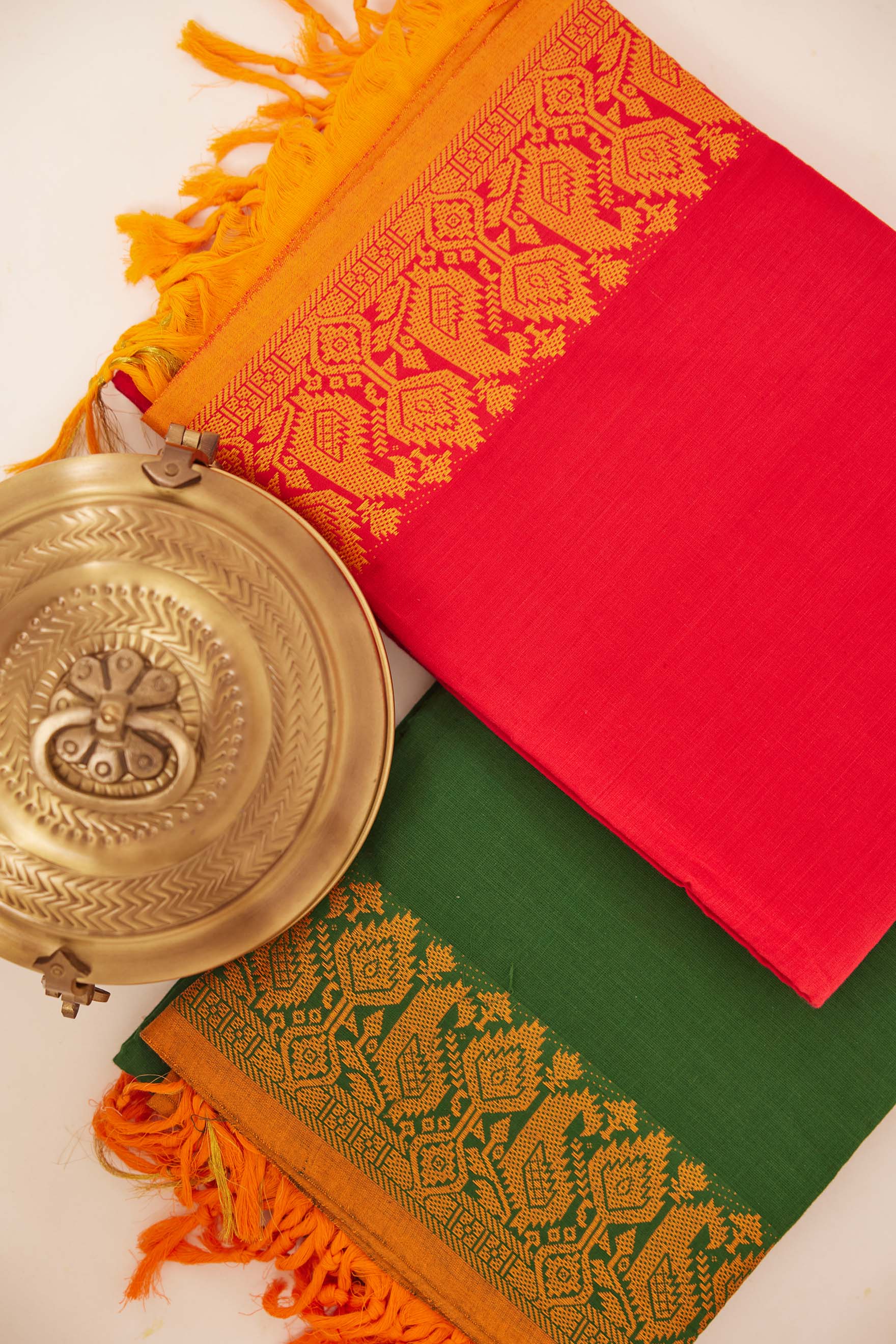 Chettinad Cotton Dress Material – Red with Mustard Yellow Border & Dupatta