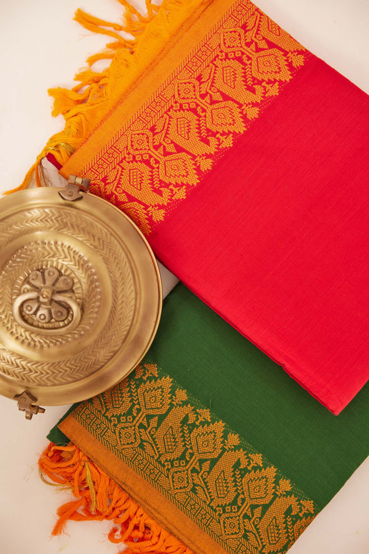 Chettinad Cotton Dress Material – Red with Mustard Yellow Border & Dupatta