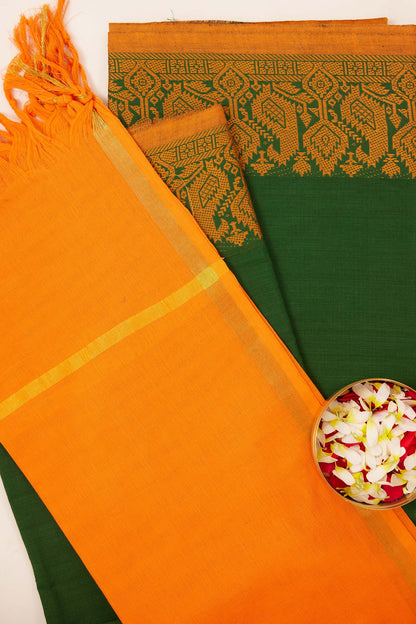 Chettinad Cotton Dress Material – Green with Orange Border & Dupatta
