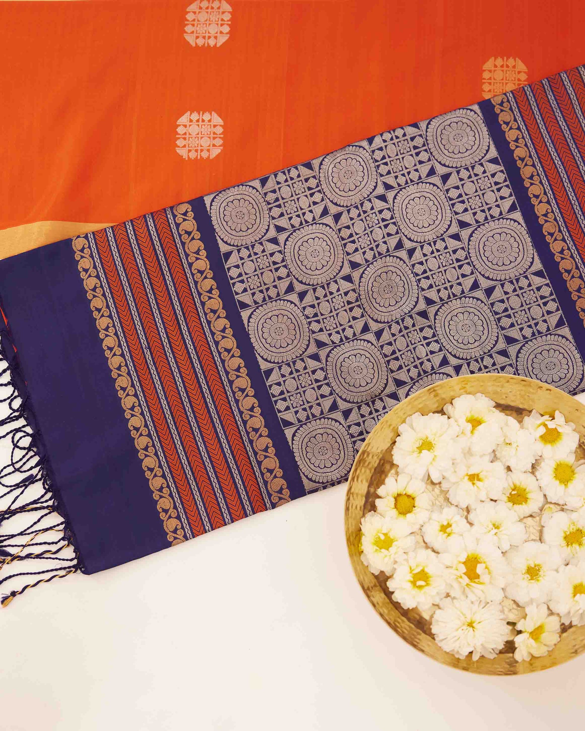 Orange Coimbatore Soft Silk Saree with Navy Blue & Zari Pallu