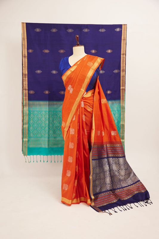 Orange Coimbatore Soft Silk Saree with Navy Blue & Zari Pallu