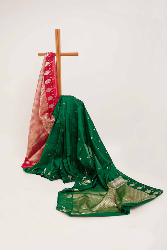 Green Silk Saree with Zari Buttas and Contrasting Red Blouse