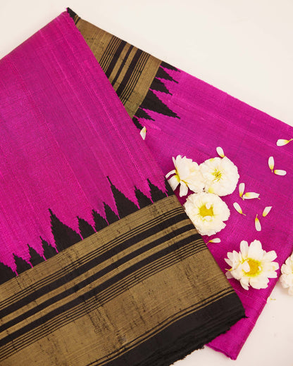 Pink Jute Silk Saree with Black & Gold Zari Pallu