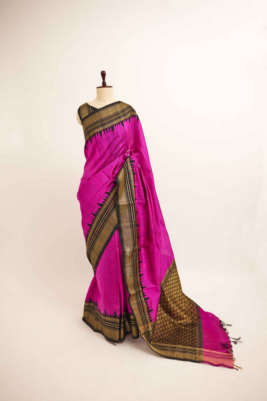 Pink Jute Silk Saree with Black & Gold Zari Pallu
