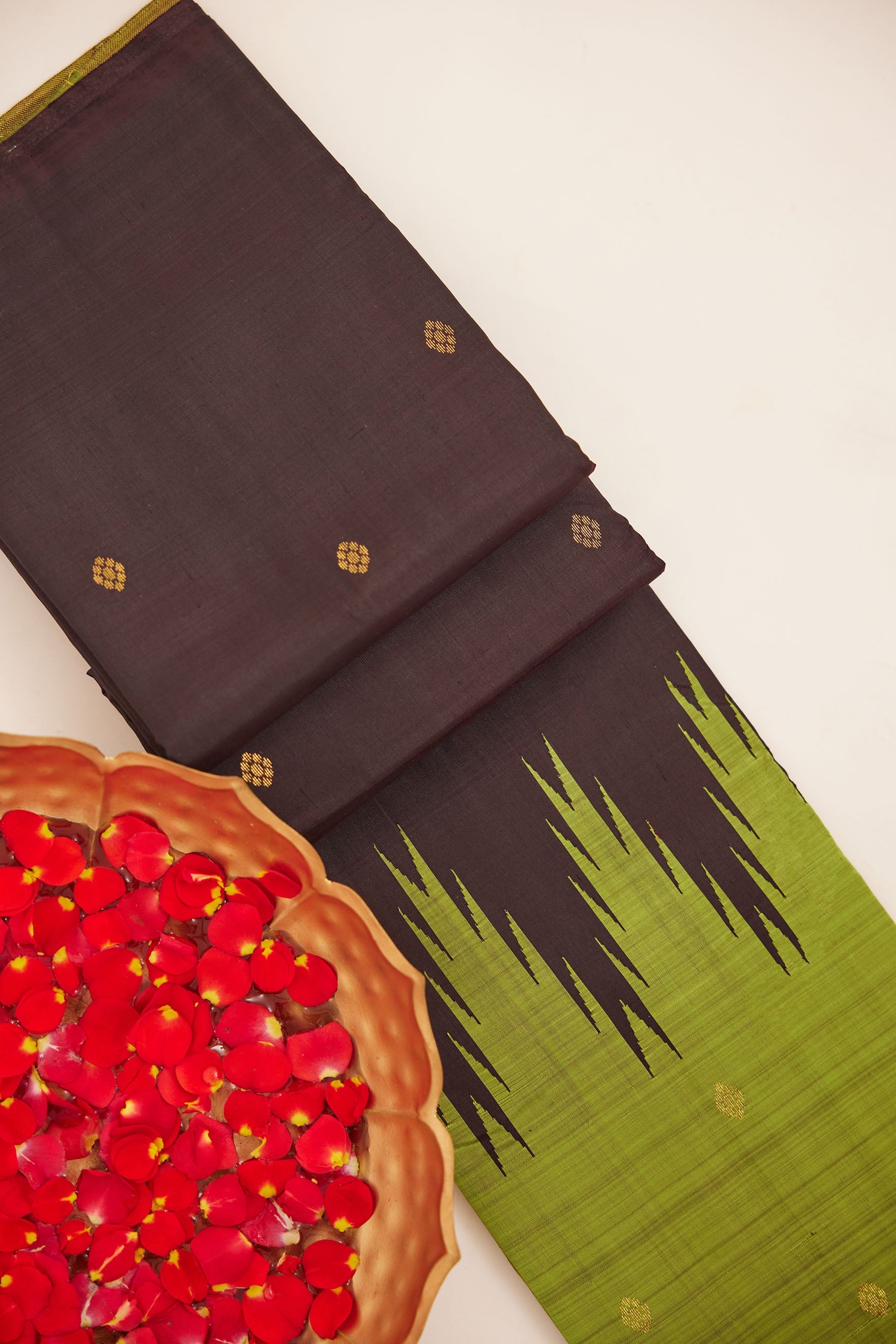 Chocolate Brown Korvai Silk Saree with Green Border and Pallu