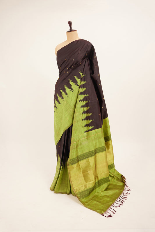 Chocolate Brown Korvai Silk Saree with Green Border and Pallu