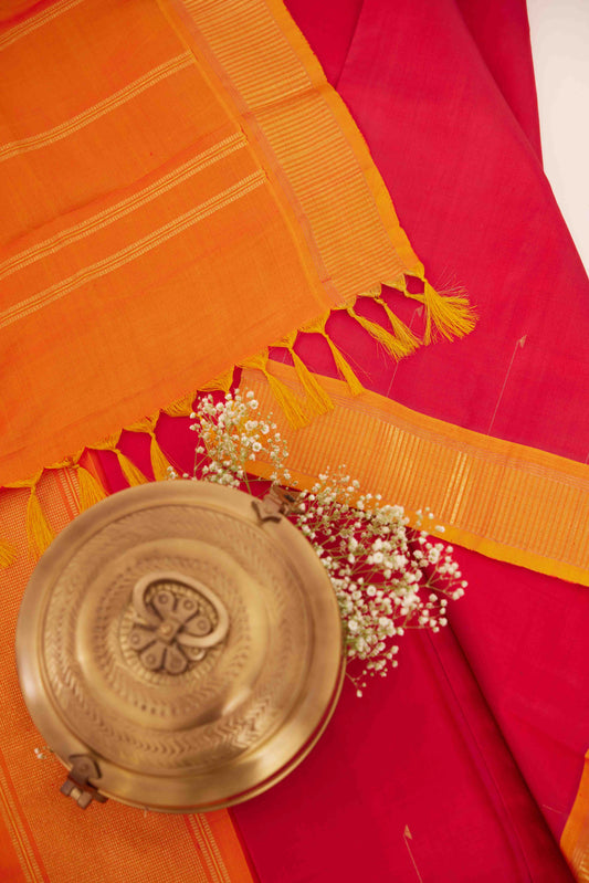 Deep Red Korvai Silk Saree with Orange Border and Pallu