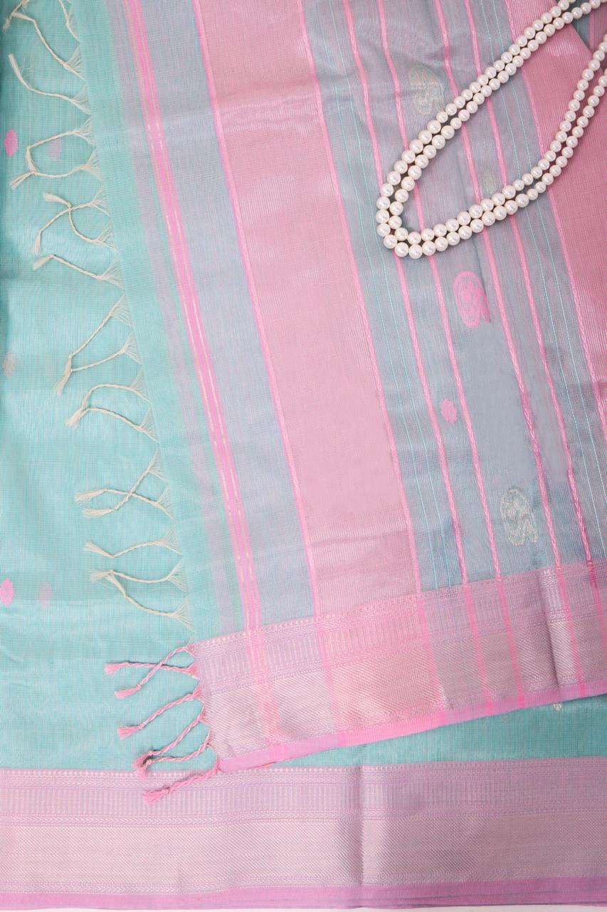 Aqua blue and Pink Maheshwari Tissue Silk Saree
