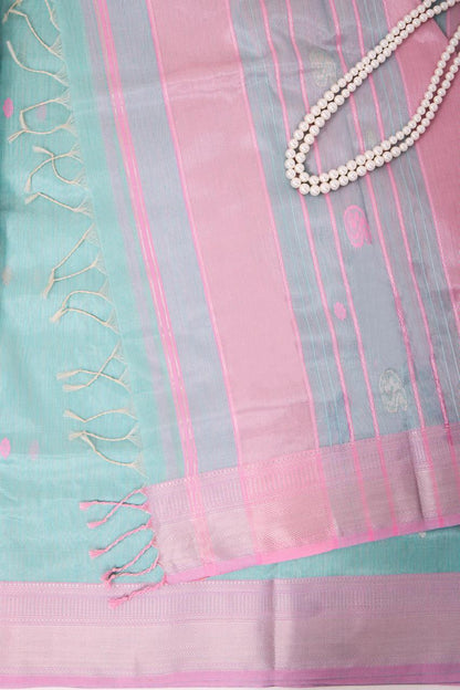 Aqua blue and Pink Maheshwari Tissue Silk Saree