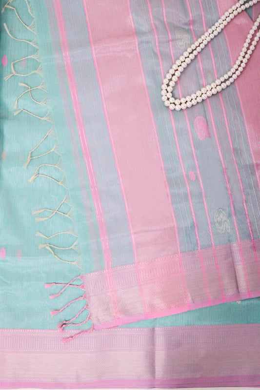 Aqua blue and Pink Maheshwari Tissue Silk Saree
