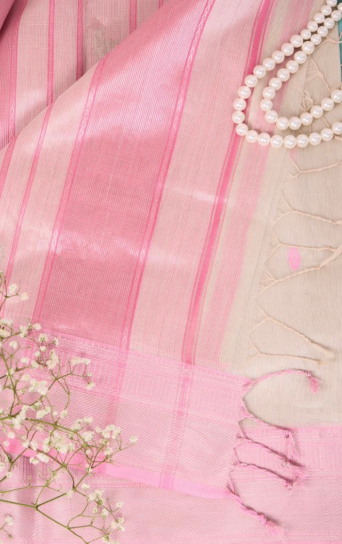 Ivory and Pink Maheshwari Tissue Silk Saree