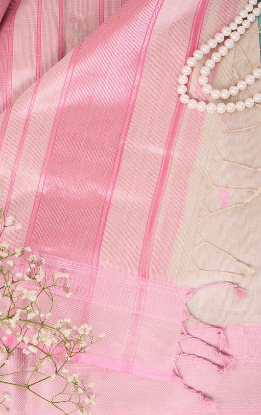 Ivory and Pink Maheshwari Tissue Silk Saree