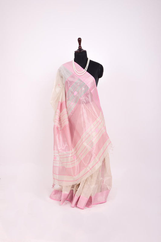 Ivory and Pink Maheshwari Tissue Silk Saree