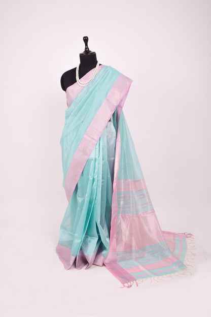Aqua blue and Pink Maheshwari Tissue Silk Saree