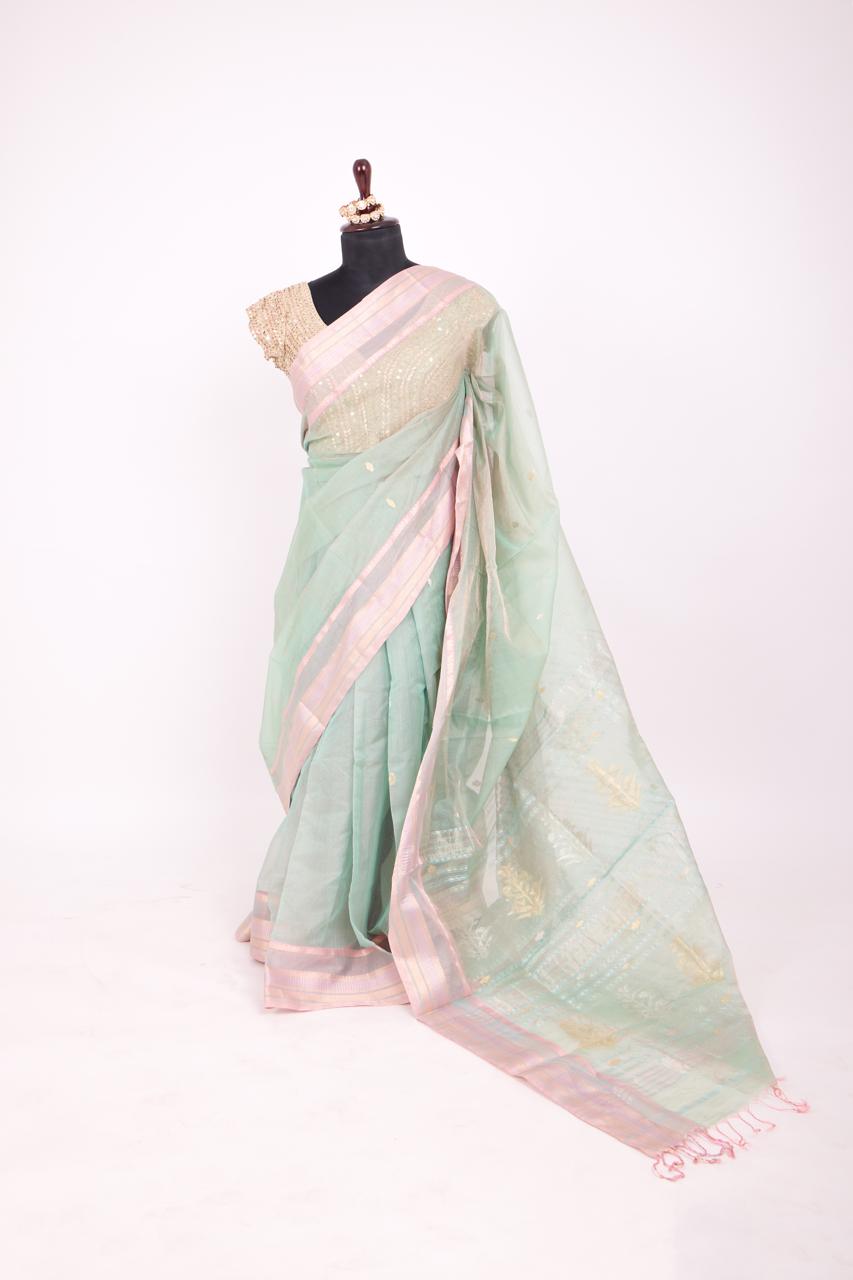 Mint Green and Pink Maheshwari Tissue Silk Saree