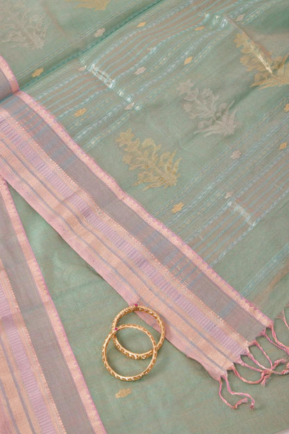 Mint Green and Pink Maheshwari Tissue Silk Saree