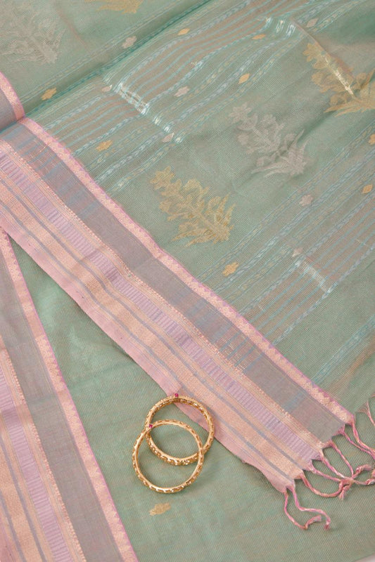 Mint Green and Pink Maheshwari Tissue Silk Saree