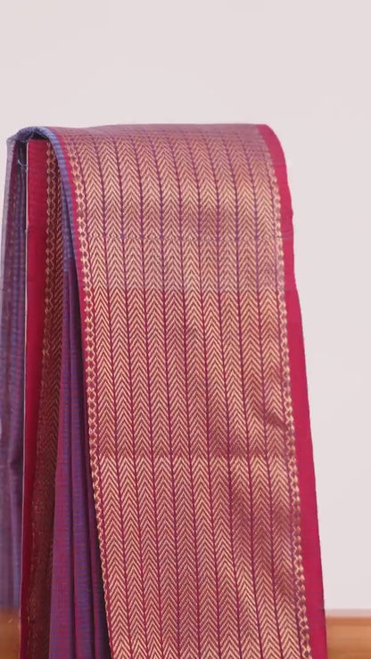 Blue Maheshwari Cotton Silk Saree with Red Stripes & Zari Border